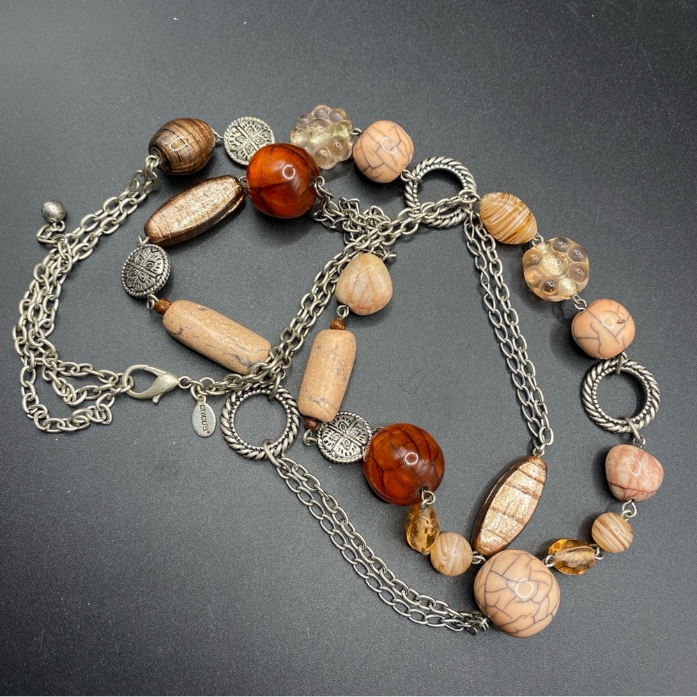 CHICO'S Long Silver Necklace Peach/Orange Marbled Amber Glass Beads
